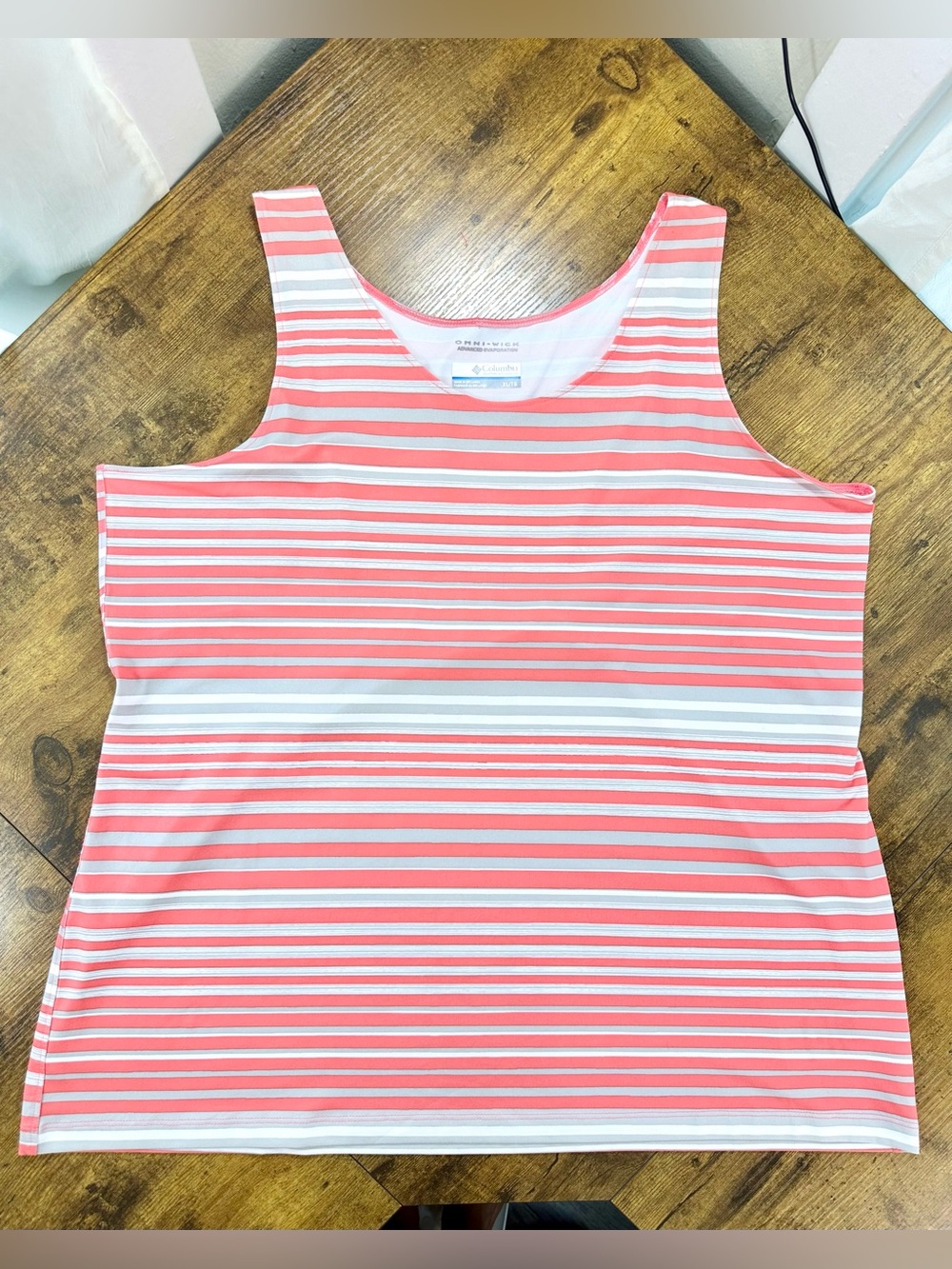 Columbia Omni-Wick UPF 50 Striped Sleeveless Tank, Pink Coral, Gray, White, XL